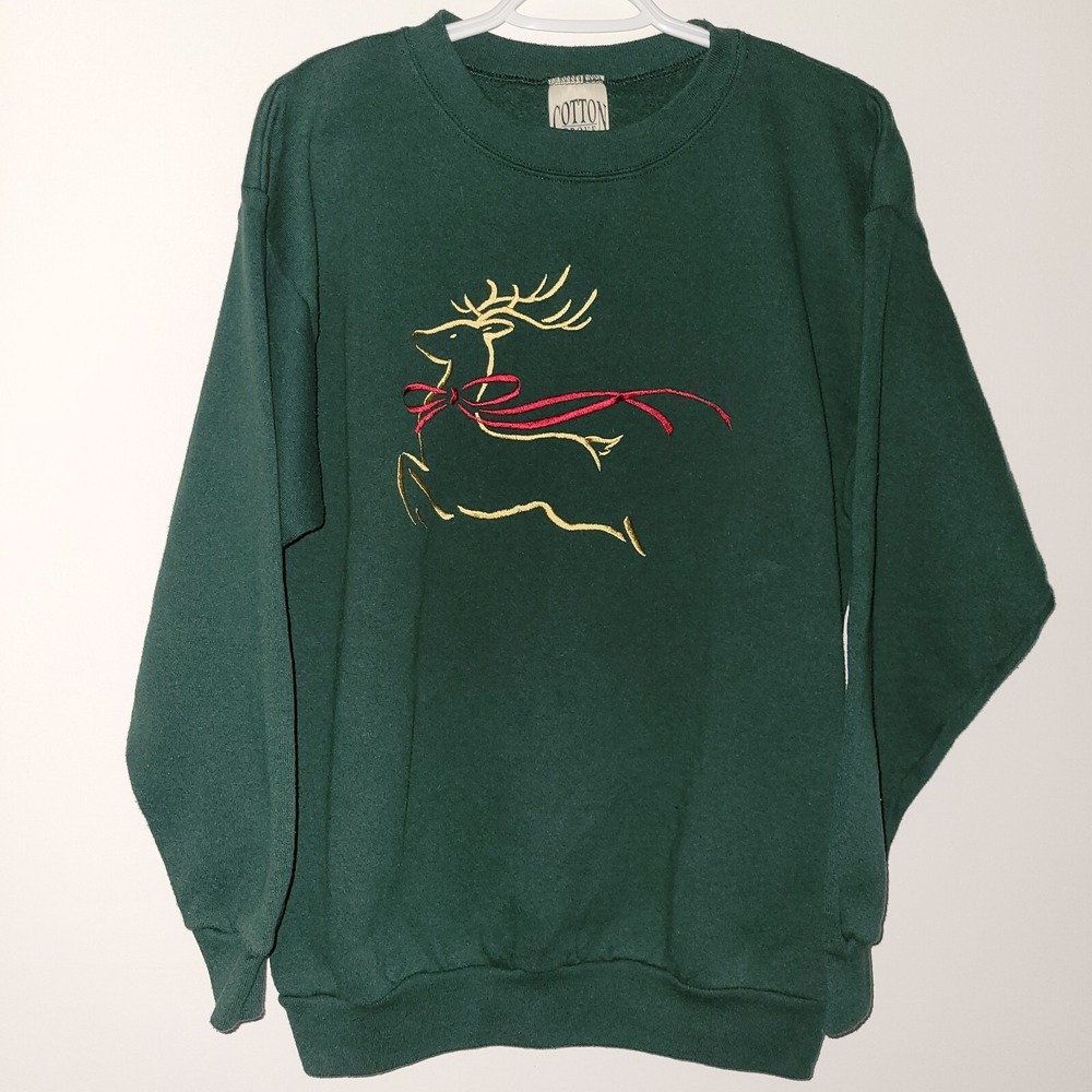 Vintage‎ Cotton Grove Reindeer Christmas Sweatshirt Size Large Green